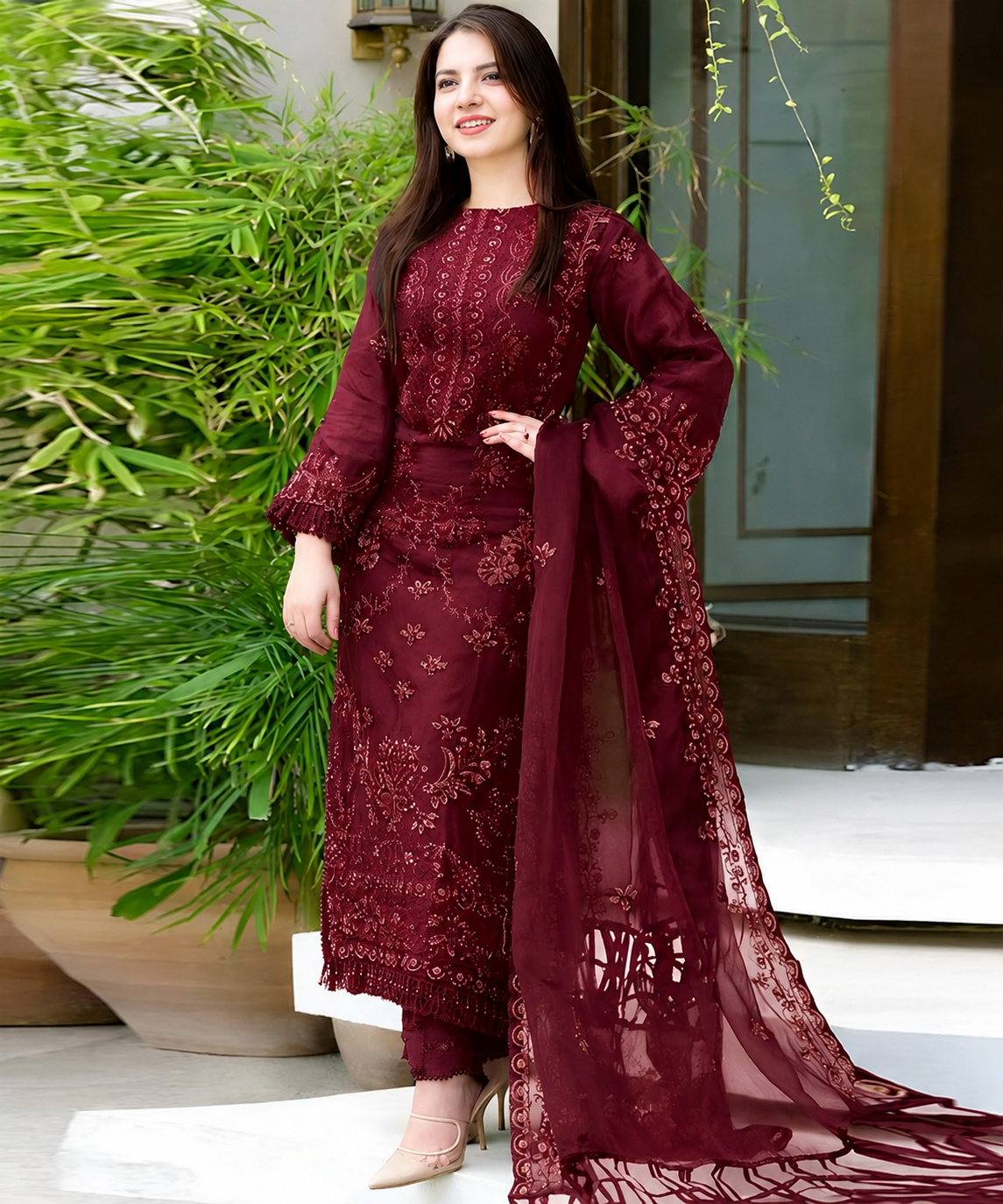 Dhanak Mehroon Embroidered 3PC Suit – Premium Festive Collection AJS-2123