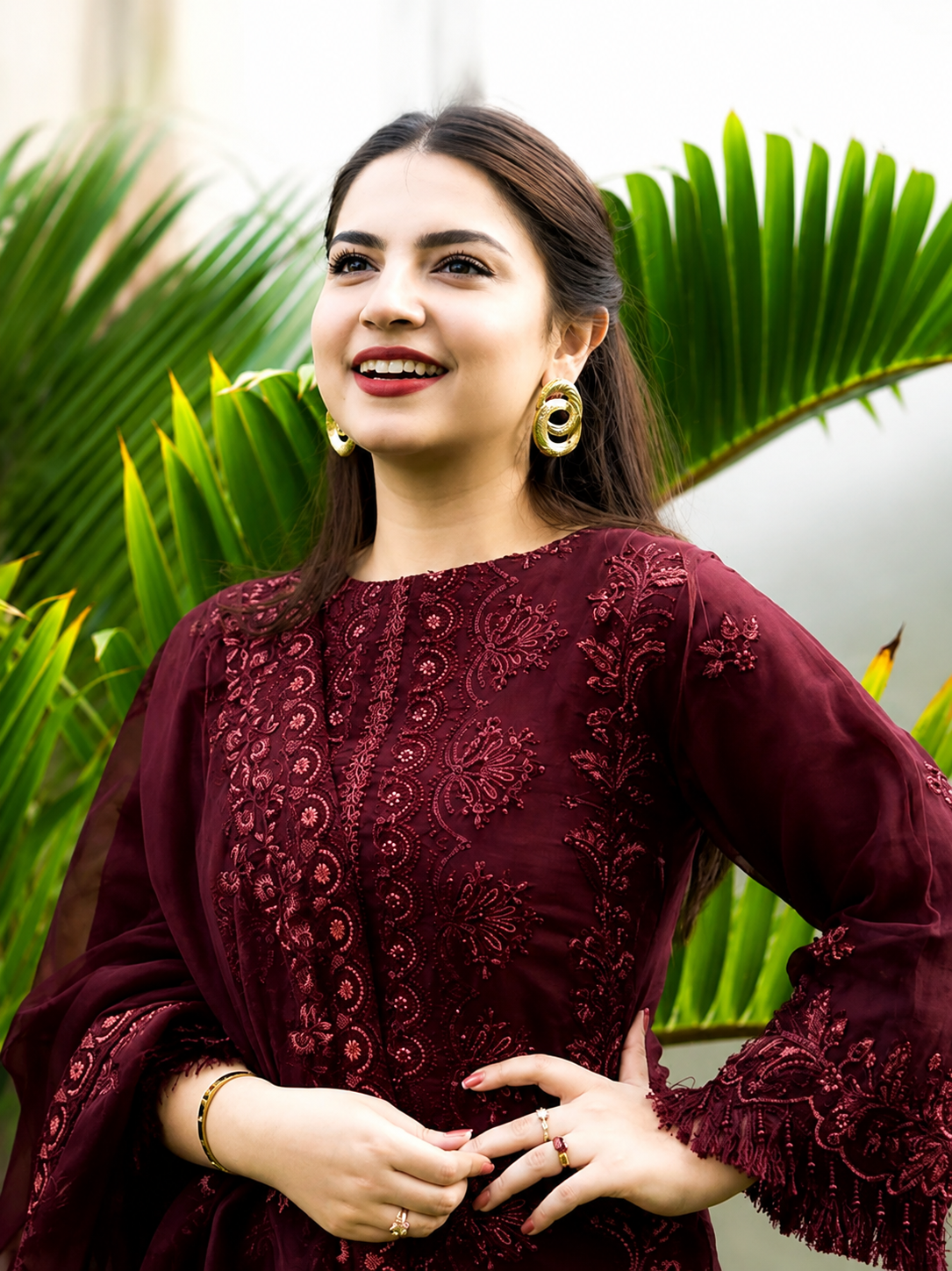 Dhanak Mehroon Embroidered 3PC Suit – Premium Festive Collection AJS-2123