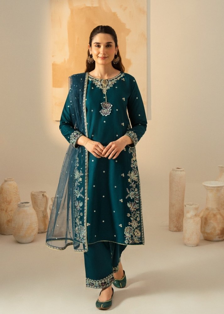 Dhanak-3PC Embroidered Shirt with Chiffon Embroidered Dupatta - 3531